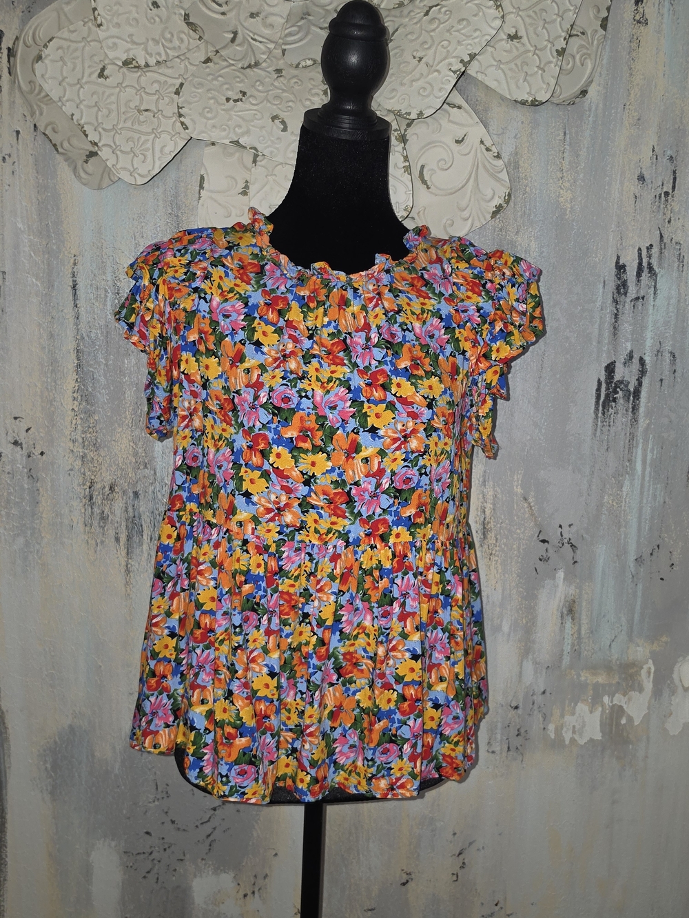 Umgee Yellow Multi Floral Ruffled Short-Sleeve Blouse